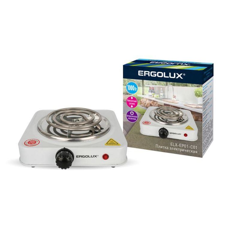 Электроплитка ELX-EP01-C01 1 конф. спиральный нагр. эл. 1000 Вт 220-240В бел. Ergolux 13436