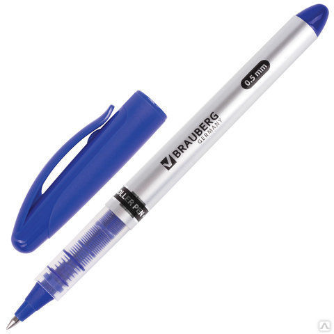 Ручка-роллер BRAUBERG "Control", СИНЯЯ, корпус серебристый, узел 0,5 мм, ли