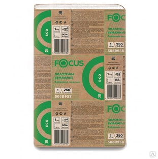 Листовые бумажные полотенца Focus Eco Z сложения, 1 слой, 250 листов, размер листа 24х21,5 см., коробка 12 пачек. #1