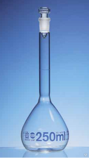 Колба мерная USP, боросиликатное стекло 3.3, синяя градуировка, 250 мл (стеклянная пробка) 