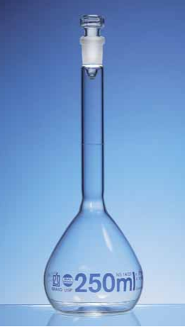 Колба мерная, боросиликатное стекло 3.3, класс A, синяя градуировка, BRAND 250 мл, шлиф NS 14/23